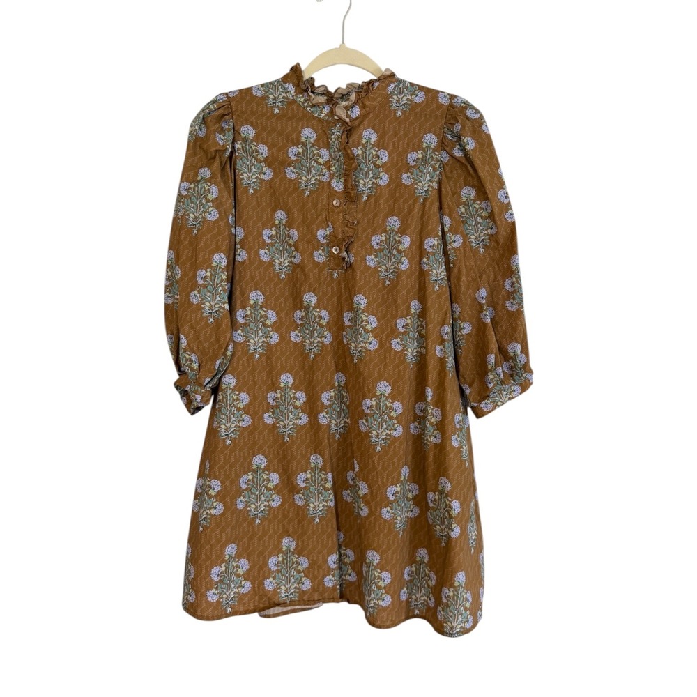 Entro Dress Brown L Womens Floral Ruffle Neck Puff  Sleeve Boho D29106
